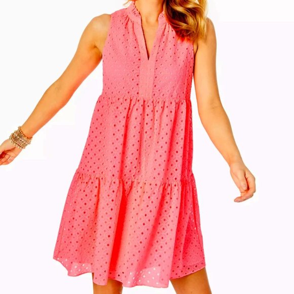 Lilly Pulitzer Dresses & Skirts - NEW NWOT! LILLY PULITZER NOVELLA EYELET SWING DRESS NEON PINK TIERED LACE sz XL